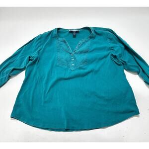 Karen Scott Women Tunic Top Plus 1X Green 100% Cotton Bohemian Peasant Boho